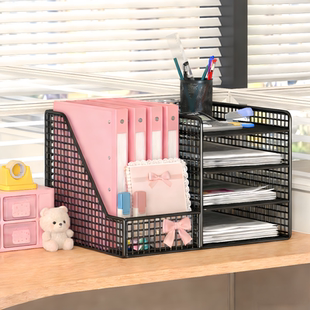 办公桌置物架金属文件架文件收纳架办公用品文件收纳盒桌面书架多层大容量文件框A4资料档案整理架书立架子