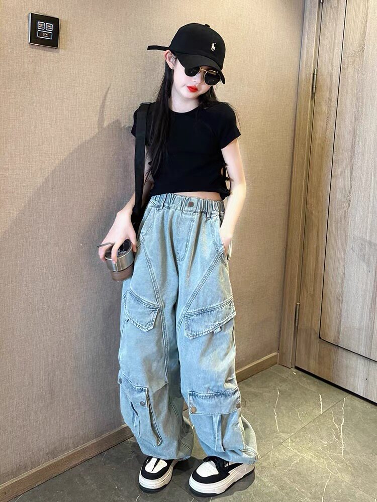 又酷又飒的女童装2026炸街夏装女大童拽姐穿搭套装儿童工装牛仔裤图片