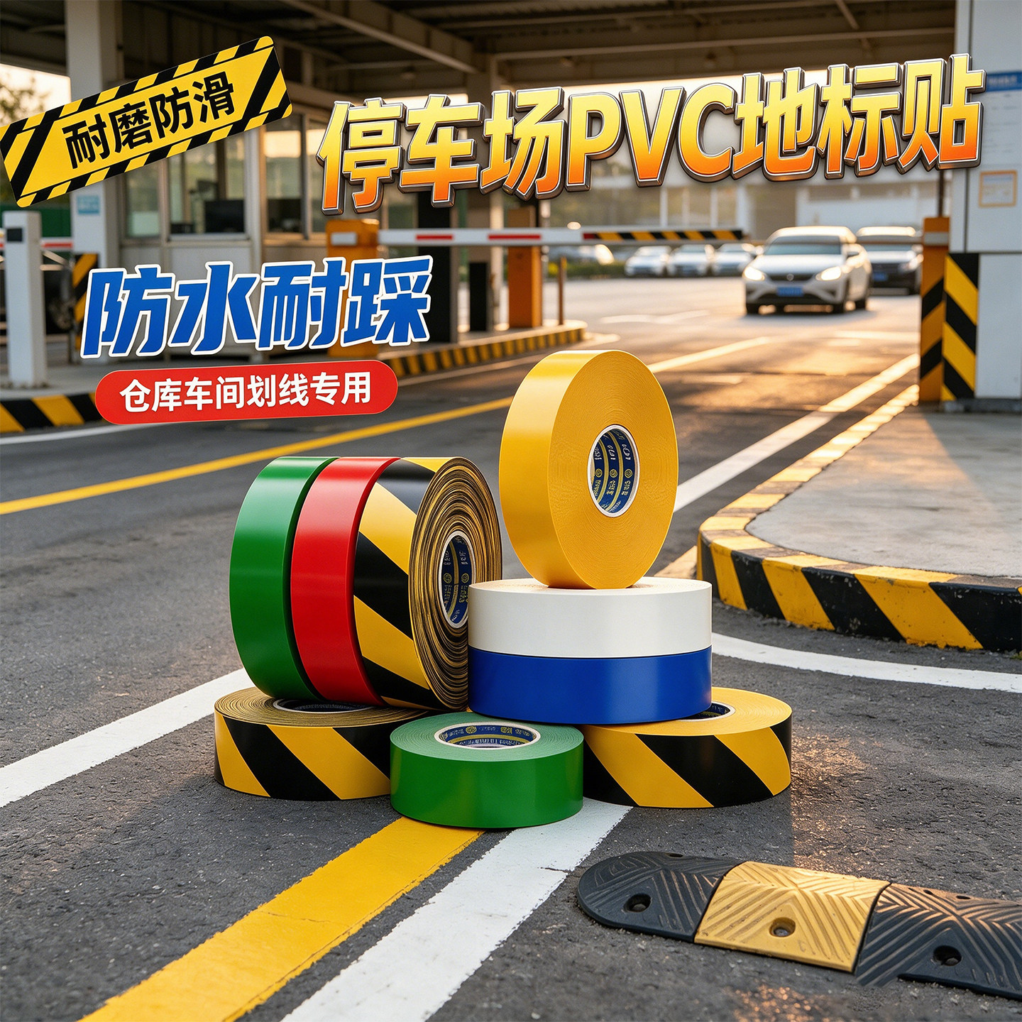 耐磨防滑PVC停车场地标贴地下车库专用黄色胶带划分标准停车位白色标线规划车辆通行主干道耐长期碾压标识贴