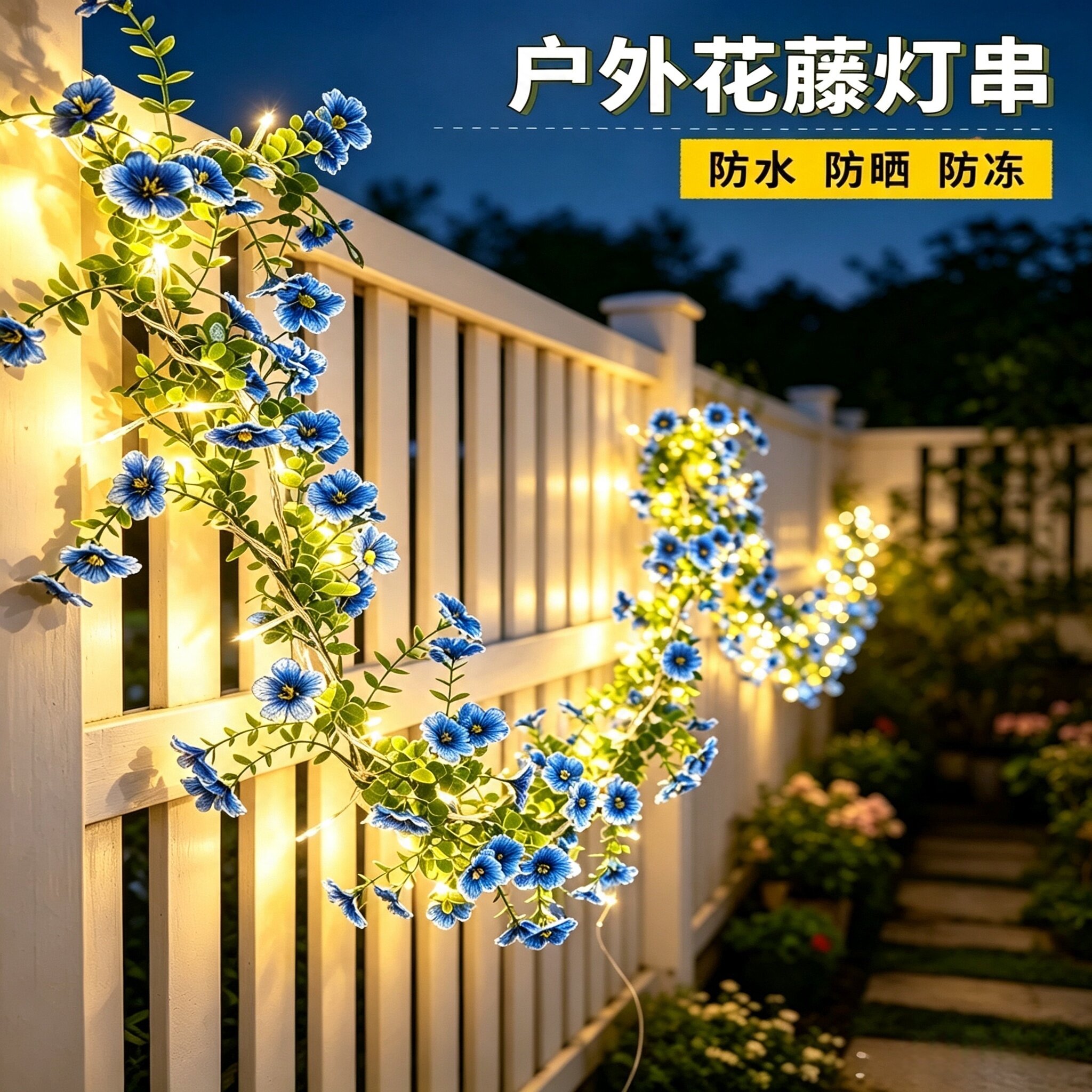 户外庭院防水高亮太阳能花藤灯仿真玫瑰花藤串阳台花园装饰氛围灯