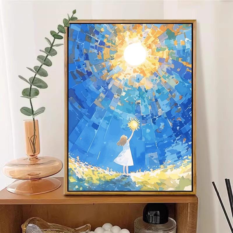 太阳女孩梵高温暖系装饰画梦幻卡通儿童房卧室书房玄关装饰画