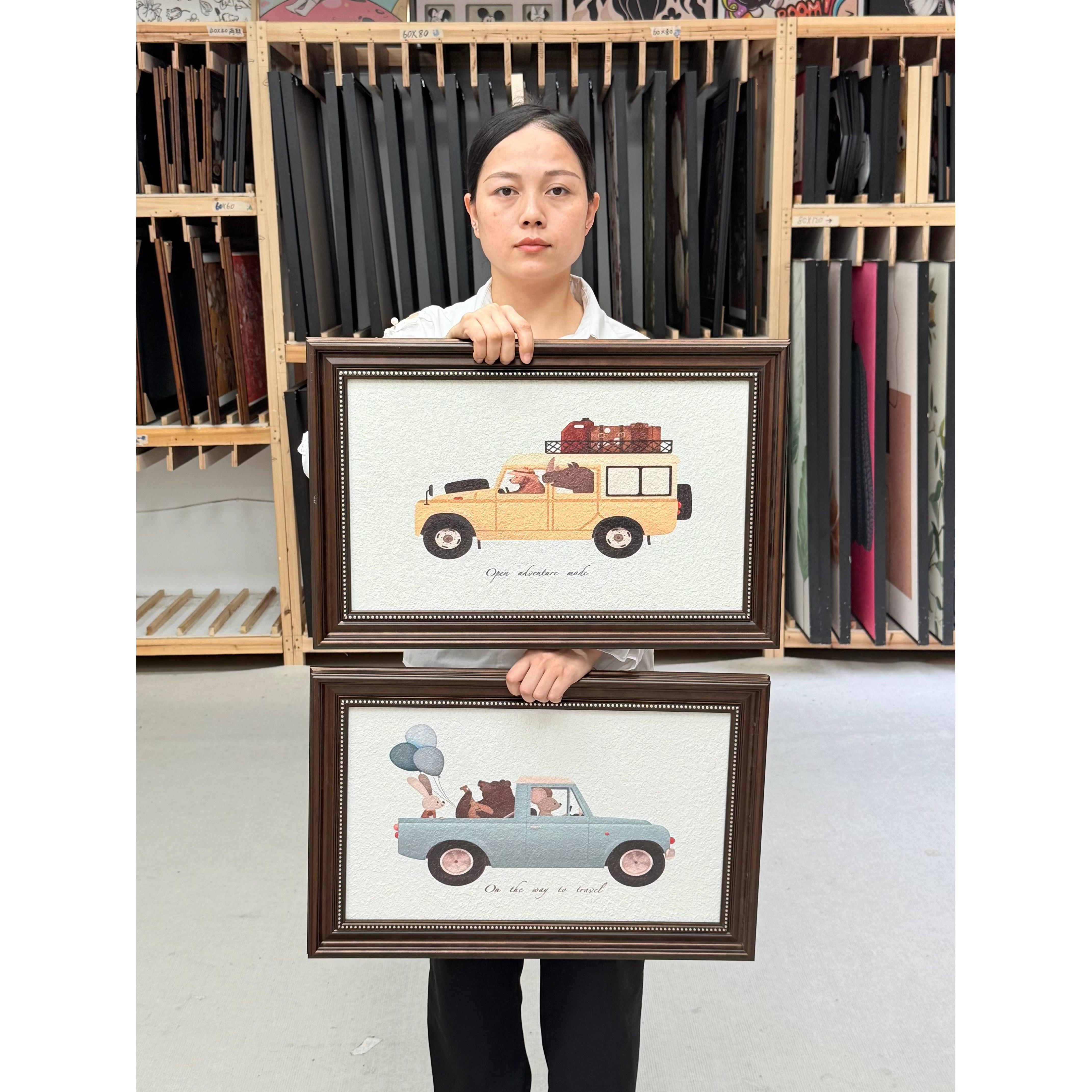 现代美式儿童房画书房卡通动物男孩卧室两联汽车挂画S057二联46