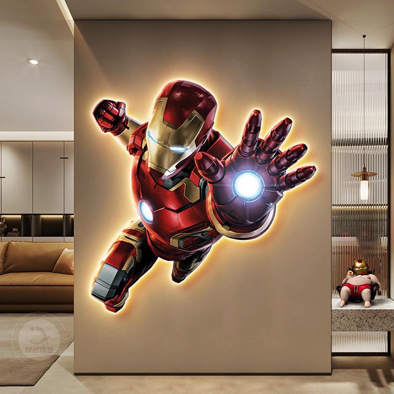 钢铁侠客厅玄关装饰画漫威超级英雄电竞房挂画儿童房床头带灯壁画