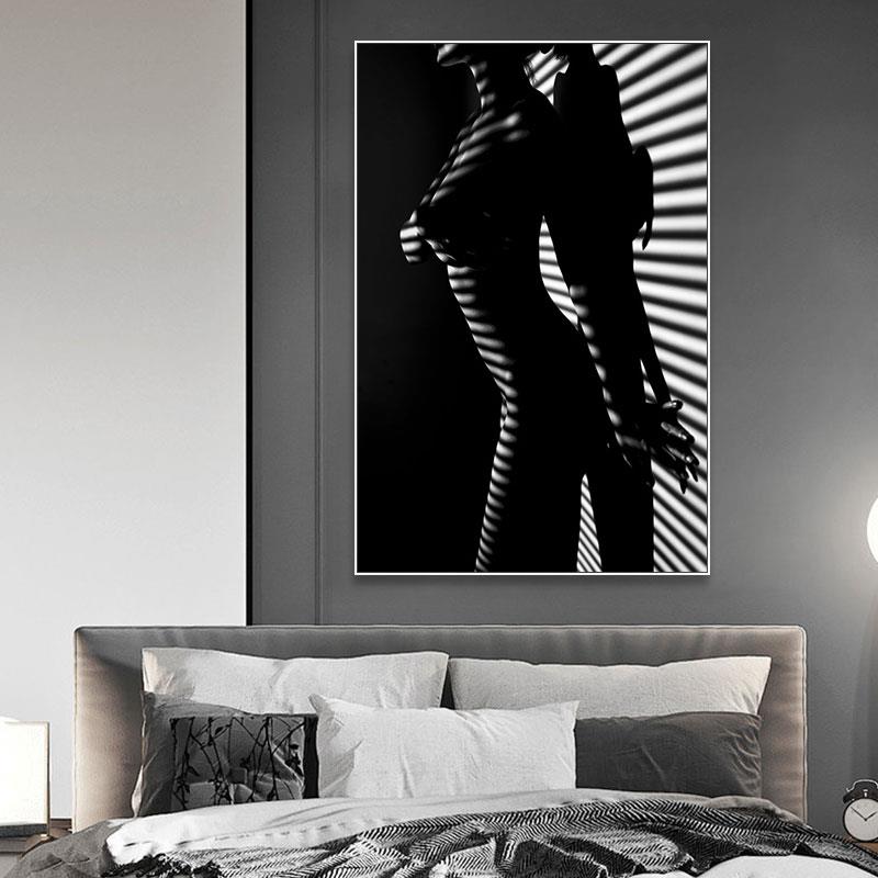 黑白光影人物装饰画客厅卧室轻奢条纹防水壁画酒店房间卫生间挂画