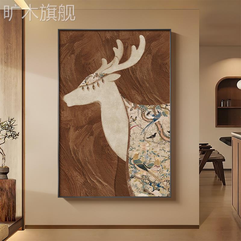 中古风麋鹿玄关装饰画法式复古入户门挂画高级感大气客厅落地壁画图片