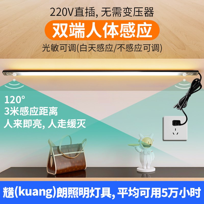 黑色220v无需变压器人体感应长条灯带插电式超薄直角平面led鞋柜