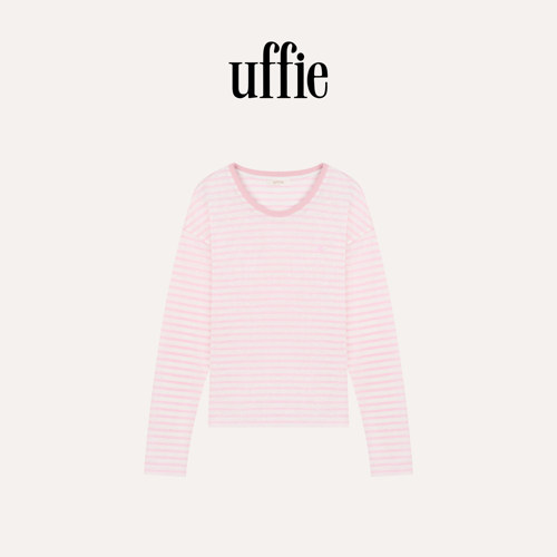 UFFIE于绘 白桃汽水 圆领饰莱赛尔混纺条纹长袖T恤