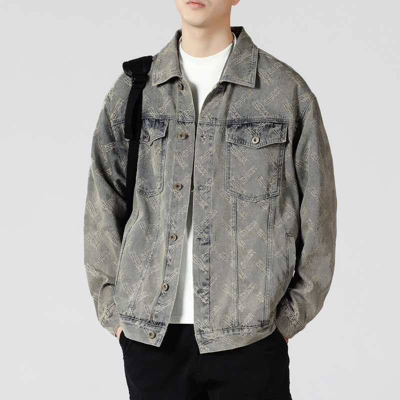 春秋新款潮流提花工装夹克男美式复古水洗提花翻领痞帅牛仔外套