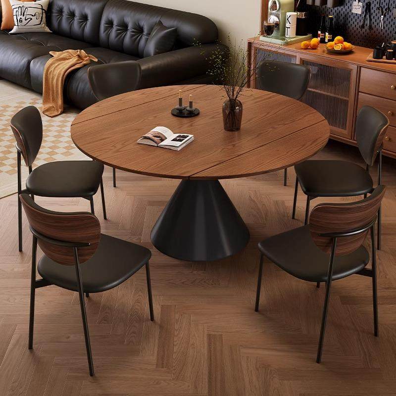 中古风实木餐桌椅组合家用可伸缩复古怀旧方圆两用胡桃色可变圆桌