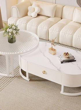 Tal玻璃茶几客厅家用法式奶油风椭圆形2025款高档可移动白色极简