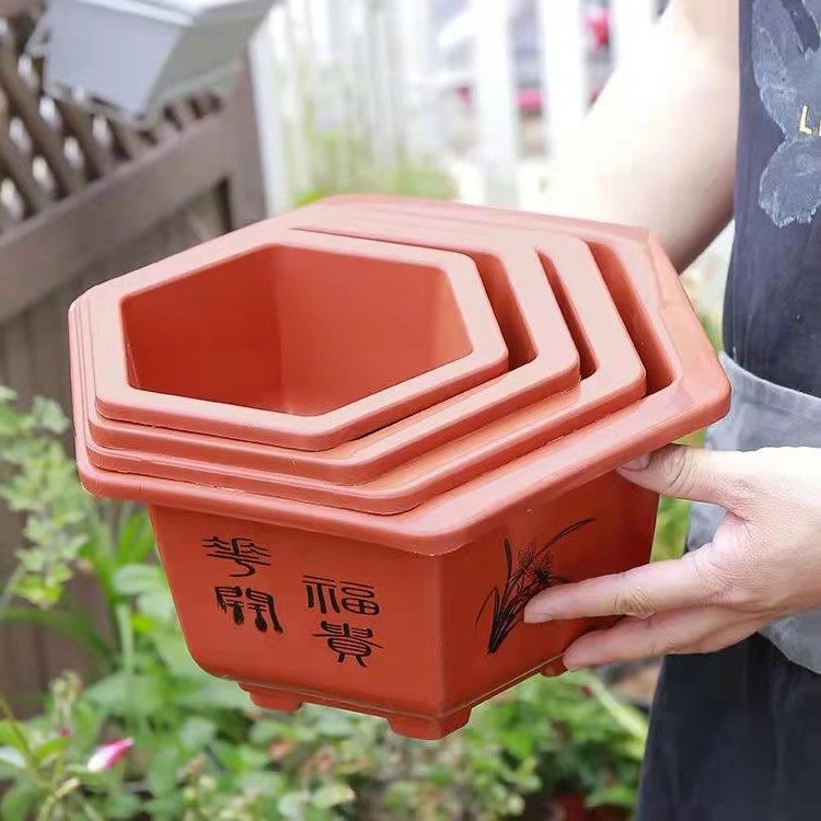 六角花盆塑料送托盘矮胖加仑盆绿植盆栽多肉绿萝月季盆特大号