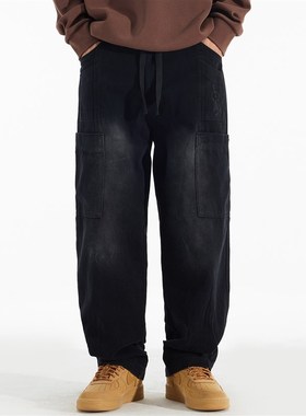 370g重磅纯棉黑色直筒牛仔裤男宽松加肥加大休闲百搭胖子黑色长裤