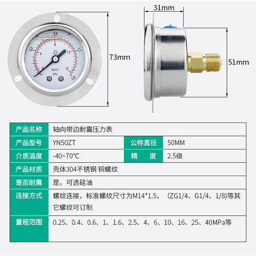 轴向带边耐震压力表YN50ZT 面板式M14*1.5 2分  1/8油压水压液压