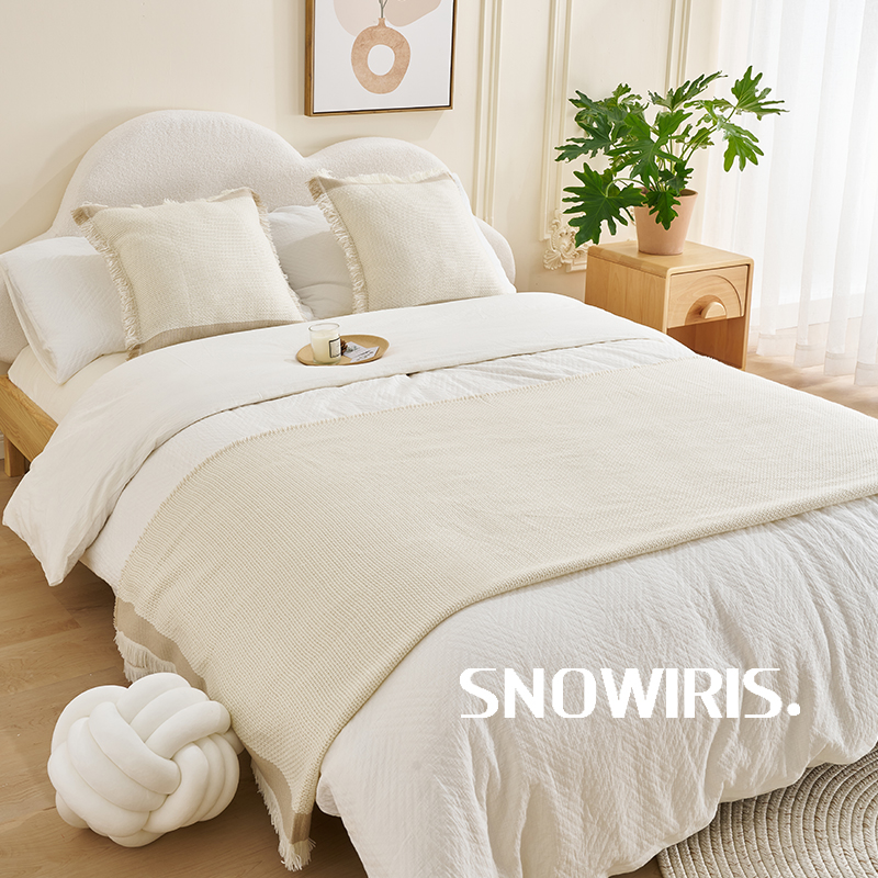 素色侘寂风床尾巾编织针织毯抱枕组合样板间搭毯高级感装饰毯床