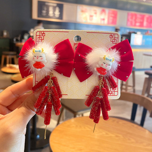 新年发饰女童红色古风头饰中国风儿童汉服假发发夹宝宝过年发卡女
