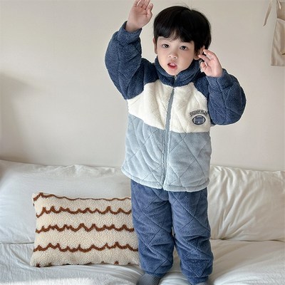 儿童睡衣三层夹棉套装冬季大童男孩秋冬家居服男童加绒加厚可外穿