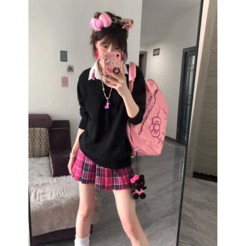 小玫JK制服套装黑色套头毛衣女秋冬学院风百搭v领针织衫长袖上衣