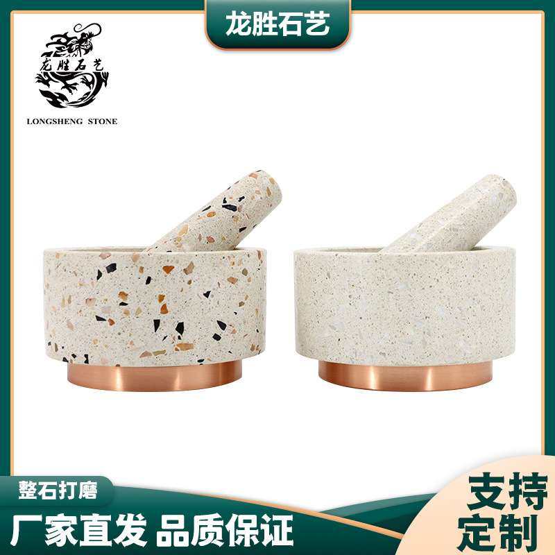 2025年新款各色水磨石研钵和杵人造石铜底蒜泥器捣蒜器定 制