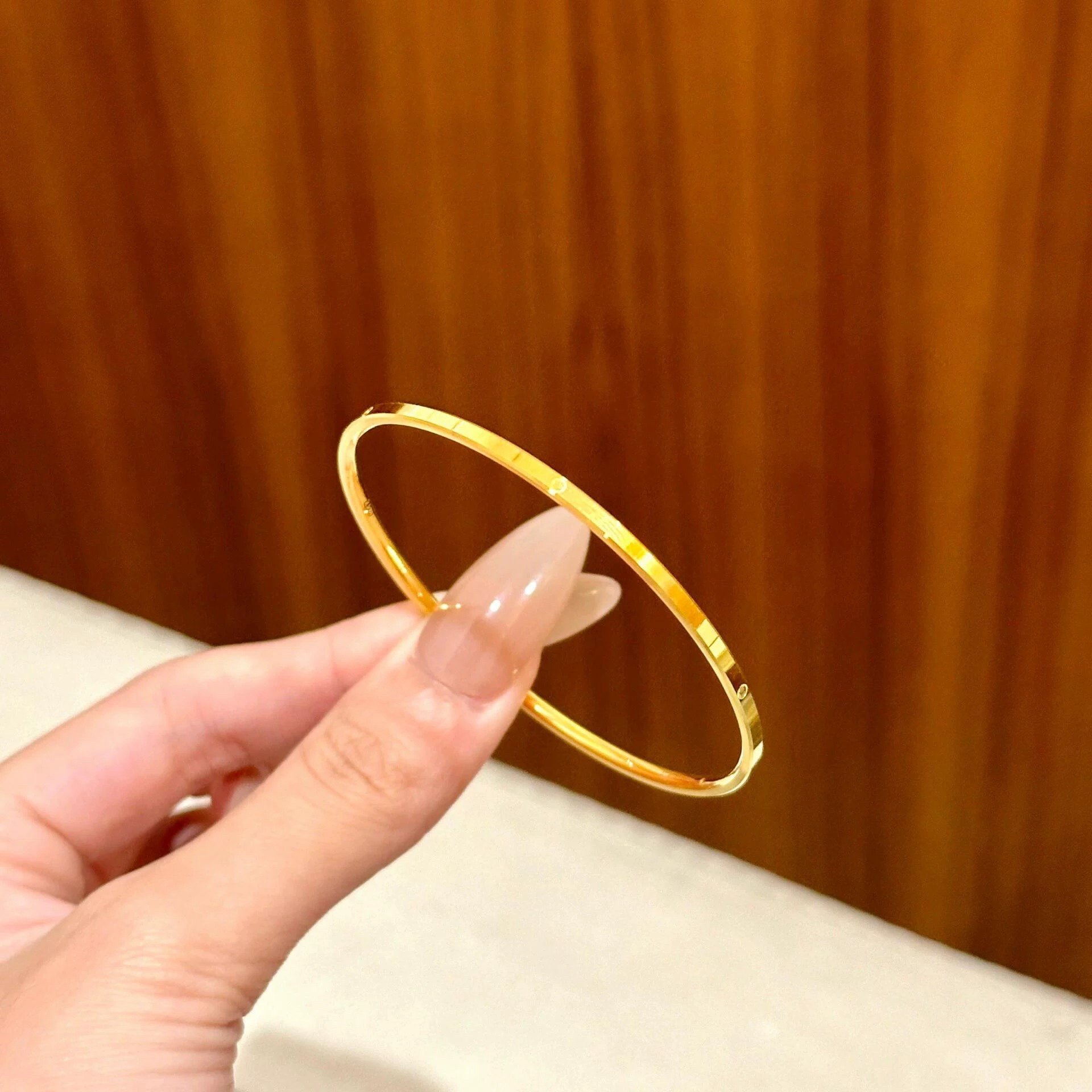 不掉色~光面素圈亮面手镯女18k黄金叠戴细款一字手环2025新款爆款