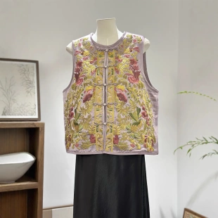 复古盘扣无袖 马甲女秋季 坎肩上衣秋 高端仿醋酸重工刺绣无袖 新中式