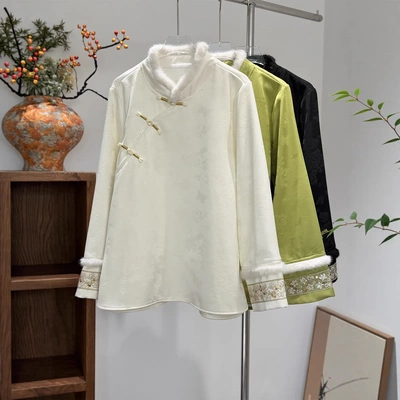 新中式国风斜襟毛领盘扣打底衫上衣女秋冬季加绒内搭缎面提花衬衫