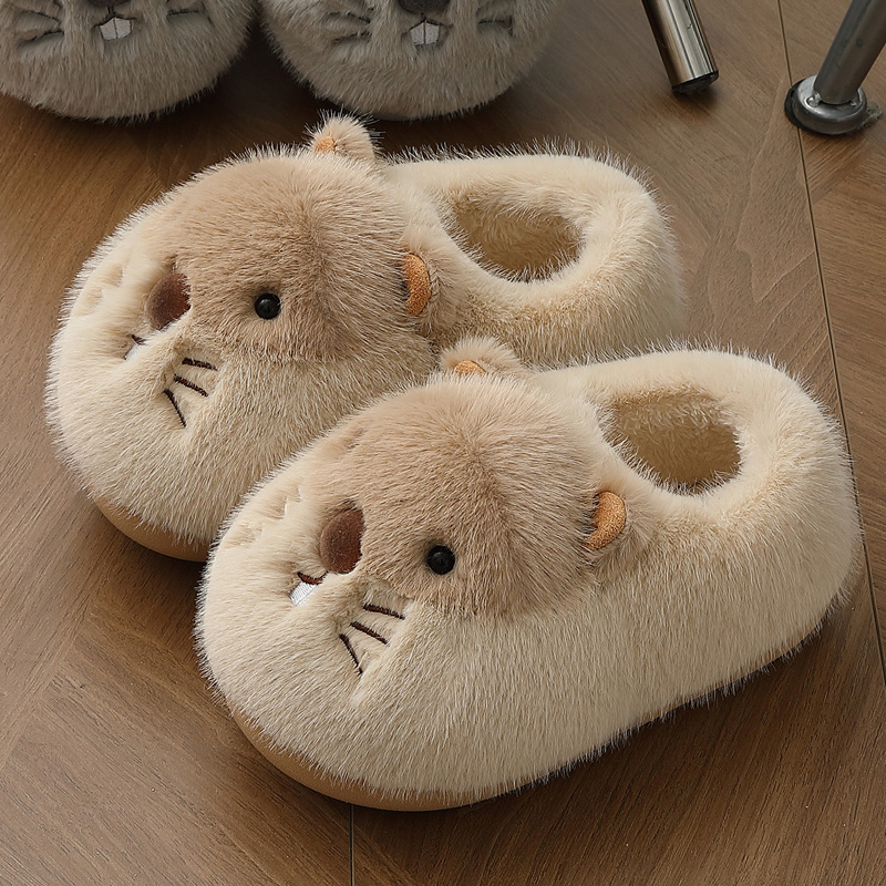 可爱厚底毛毛绒包跟棉拖鞋女士冬