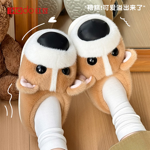红豆可爱柯基棉拖鞋女款2025新款冬季包跟厚底防滑加绒保暖棉拖女