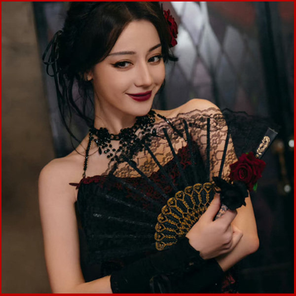 开始推理吧迪丽热巴同款扇子黑色玫瑰花蕾丝折扇摆拍旗袍