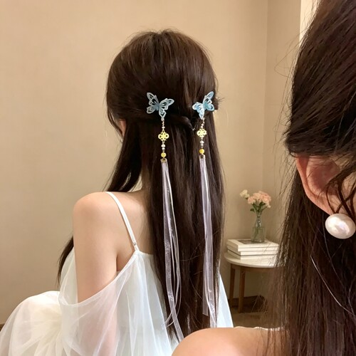 名狐新中式蝴蝶飘带小抓夹