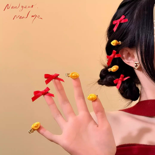 新年快乐~红色蝴蝶结金元宝发夹女侧边夹子可爱发卡发饰新年头饰