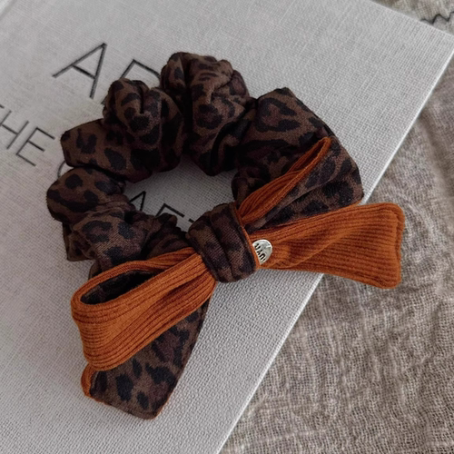 名狐豹纹针织拼接蝴蝶结大肠发圈
