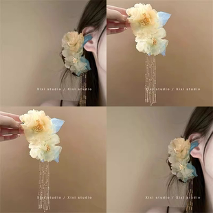 入画江南！黄色牡丹发夹！小清新烫花边夹汉服流苏头饰盘发器发饰