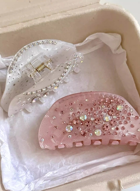 韩国法式水钻重工镶钻纯白色闪亮醋酸鲨鱼家夹盘发抓夹轻奢发夹子