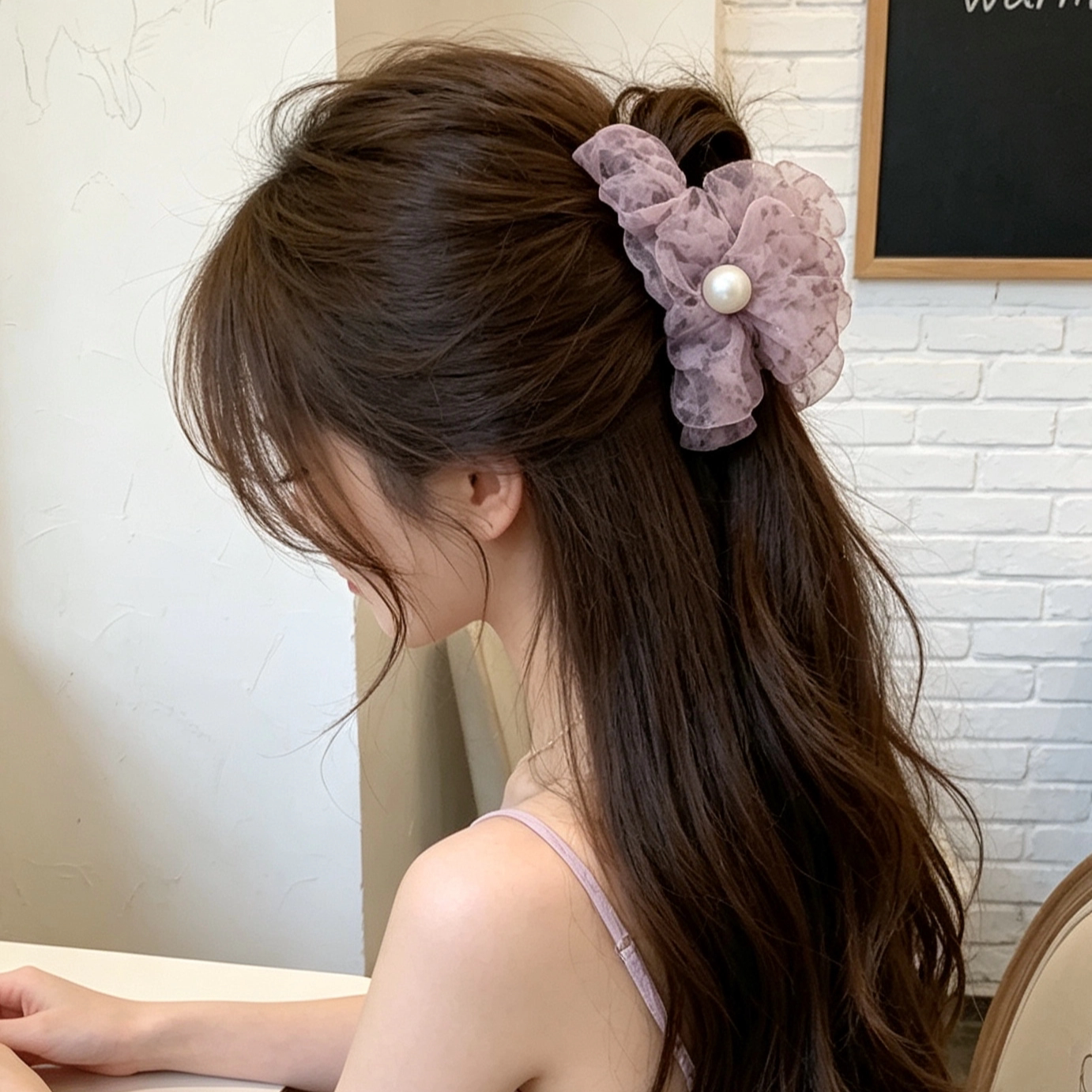 名狐碎花网纱高级感鲨鱼夹