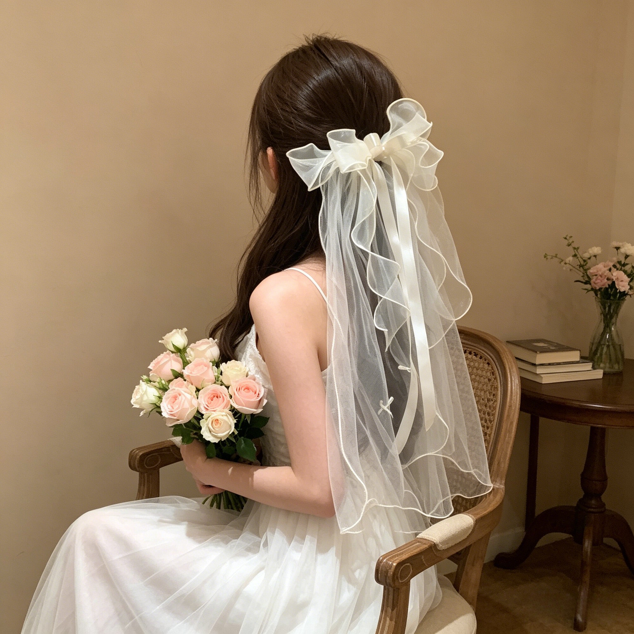 幸福日~原创订婚蝴蝶结头纱顶夹后脑勺发夹女生日求婚氛围感发饰