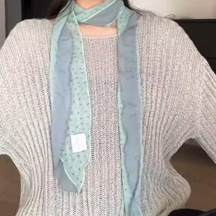 抹茶之森蓝色绿色丝巾高级感韩系围巾细长条脖子配饰系脖丝带脖饰