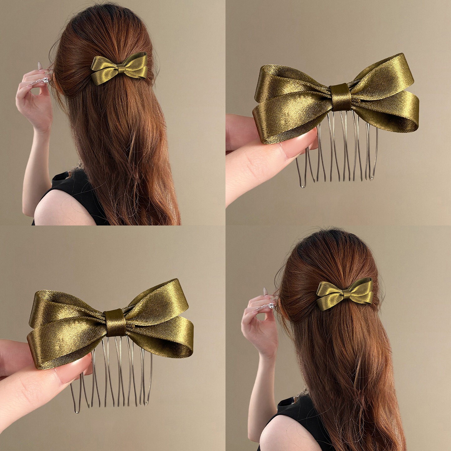 香缇贵女~复古缎面蝴蝶结插梳高级感芥末绿倒插梳发夹后脑勺发饰