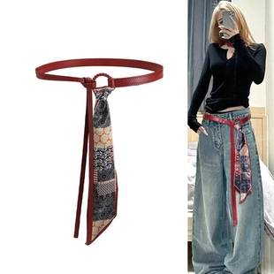 丝巾腰带配饰女丝带腰链皮带嘻哈朋克复古美式装饰配牛仔裤带红色
