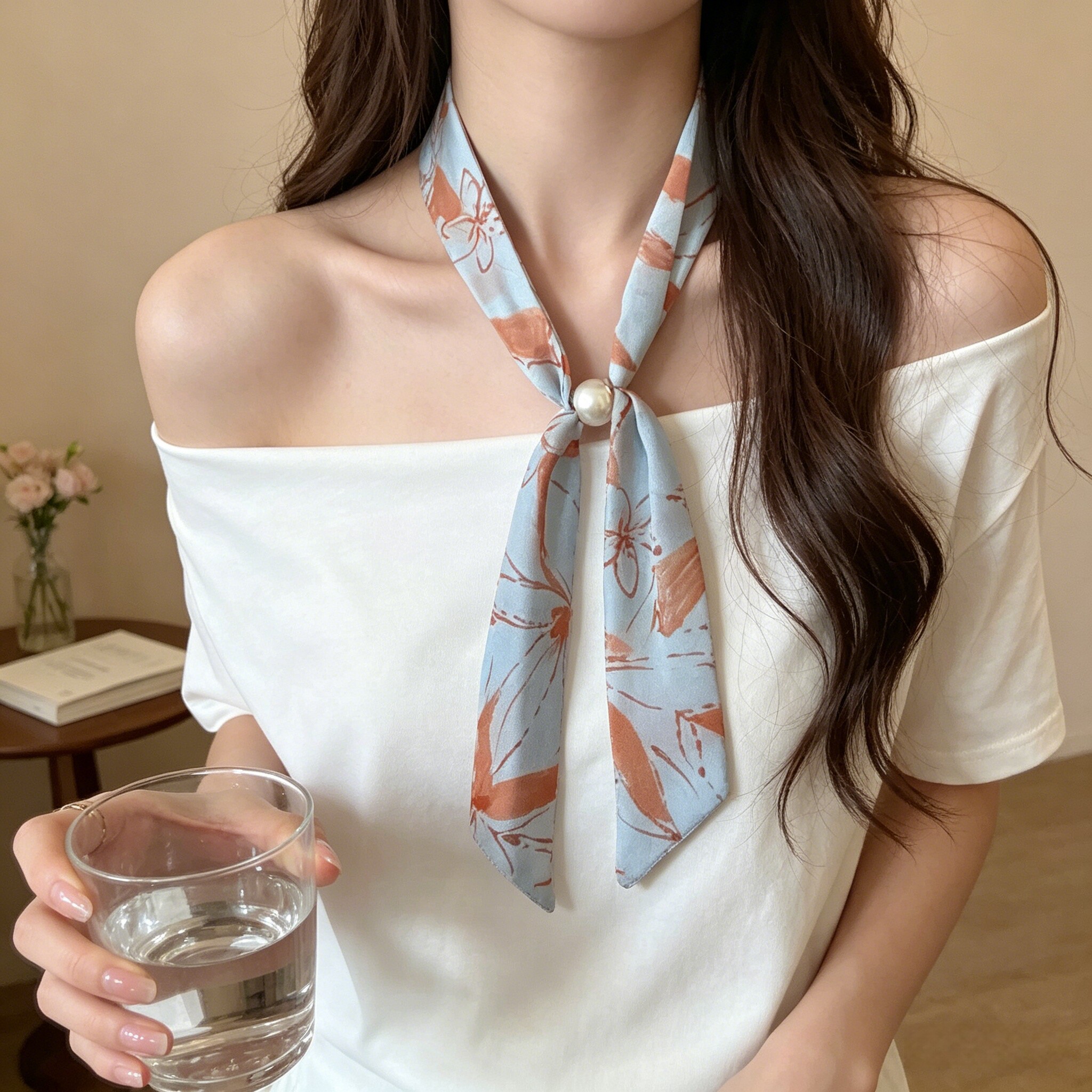 复古风设计感串珠丝巾女可调节新款时尚布艺锁骨链系脖氛围感领巾