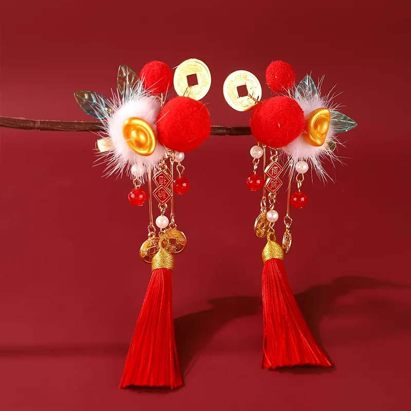 新年儿童汉服小财神毛球流苏对夹