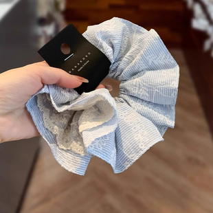 超仙设计感高品质清新蓝双层蕾丝刺绣花朵褶皱肥肠圈韩国洋气发圈