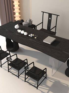 碳化黑色实木茶桌白蜡木大板泡茶桌客厅原木色餐桌悬浮亚克力茶台