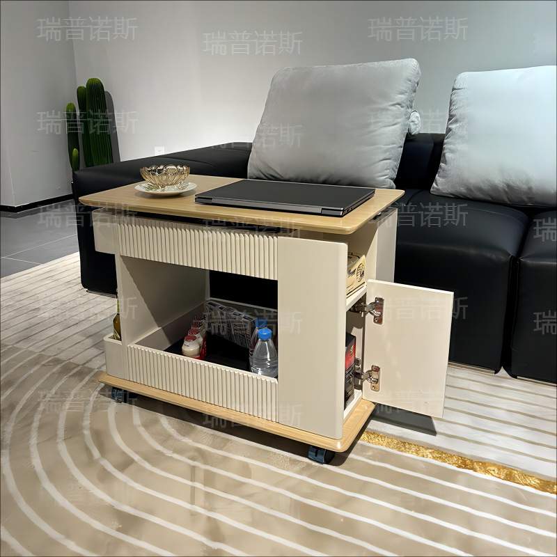 原木奶油风移动小推车沙发边柜小户型实木家用升降新款可旋转边几