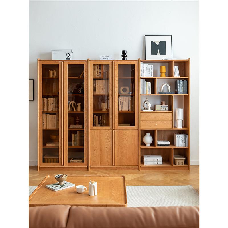 日式全实木樱桃木书柜玻璃门北欧黑胡桃书架家用落地极简收纳书橱
