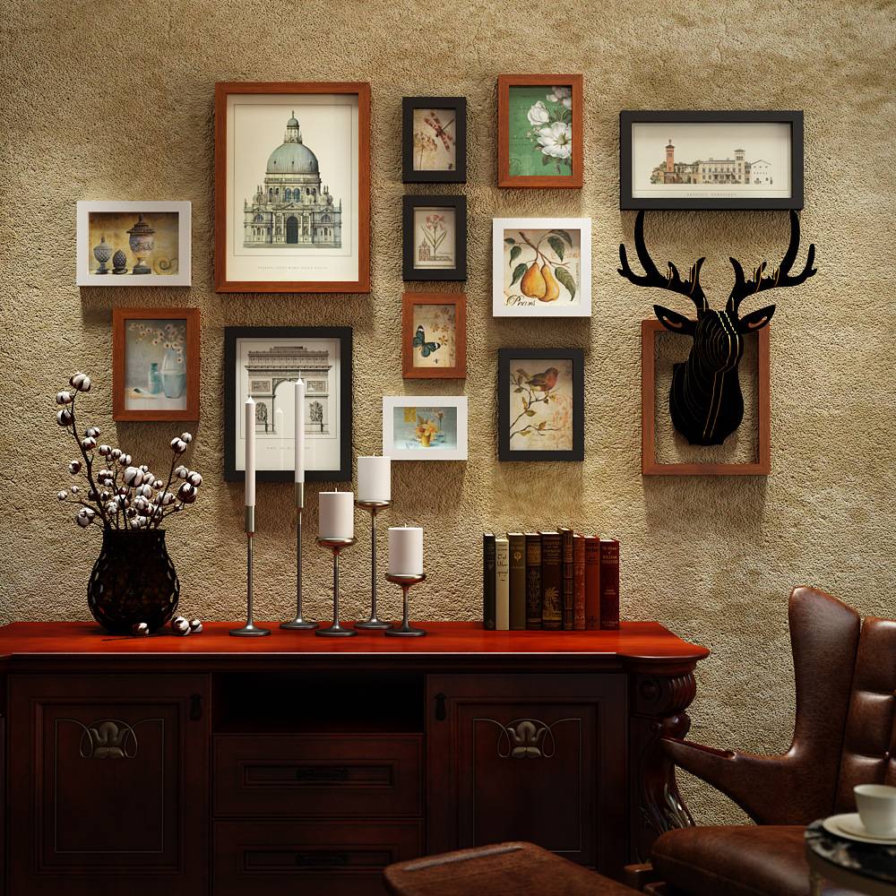 高分子_0231美式复古照片墙组合相框挂画创意鹿头装饰画背景墙挂图片
