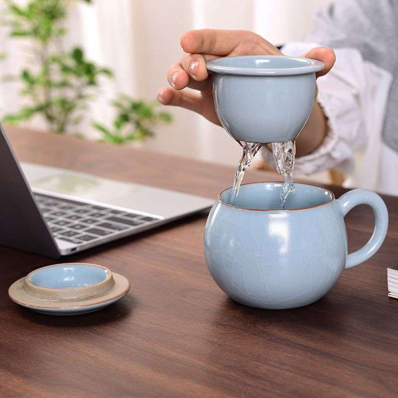马克杯办公杯带茶漏带盖国风哥窑日式陶瓷青瓷会议室泡茶杯过滤