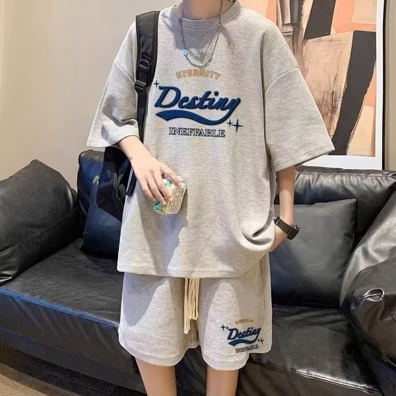 夏季短袖男T恤一套搭配帅气衣服青少年H高中生运动两件套休闲套装