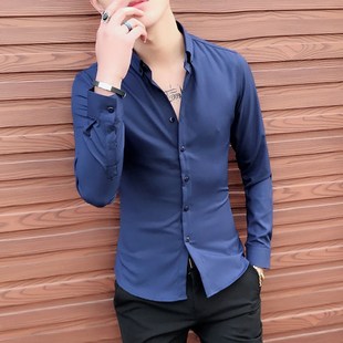 新款 男長袖 高級襯衫 純色上衣 免燙商務(wù)休閑襯M衣男士 修身 韓版 春季