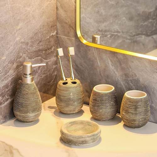 家用复古拉丝洗漱套件 创意光滑釉面卫生间乳液瓶皂碟陶瓷五件套