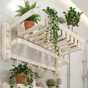 奶油风吸盘折叠网篮浴巾架免打孔卫生间置物架浴室挂杆挂架毛巾架